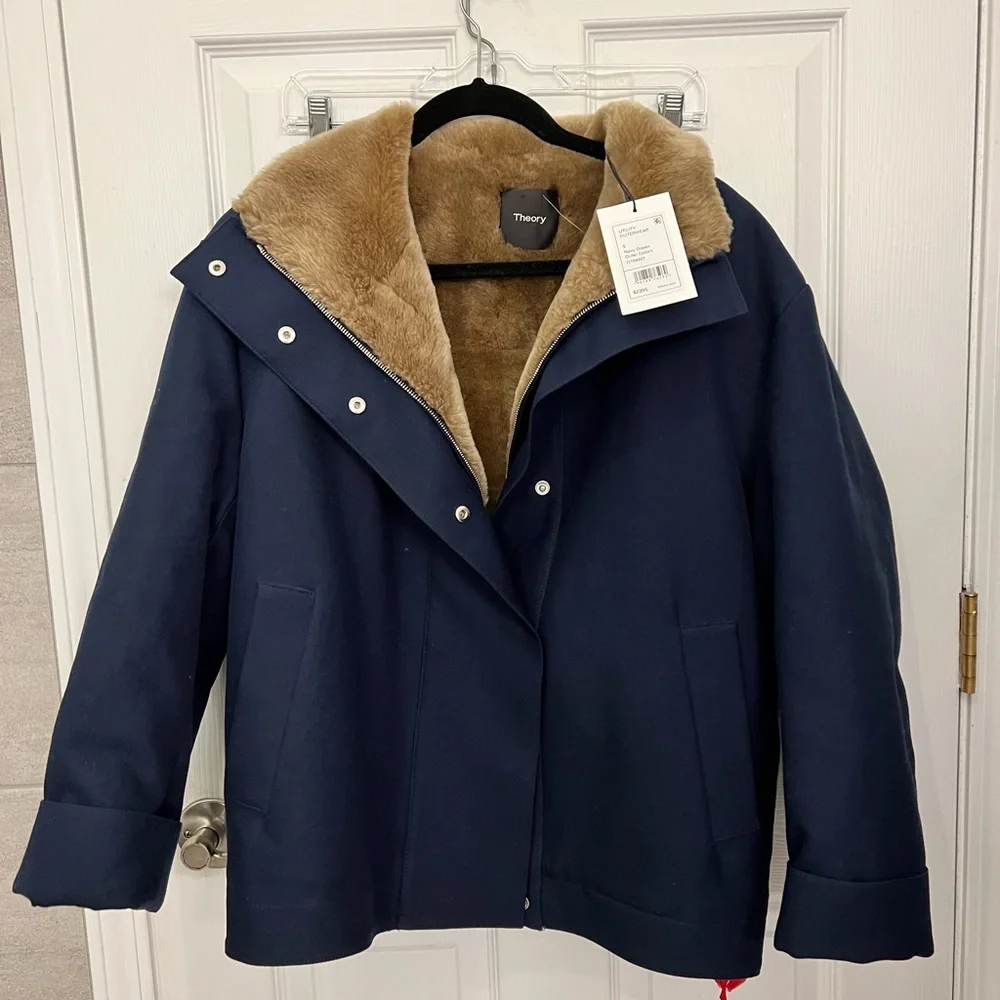 NWT!!! Theory utility outerwear navy ocean REAL shearling lamb fur - Picture 5 of 13